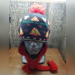 X-Mas Pizza Black Kids Youth Winter Beanie Hat With Red Pom & Tassels One Size